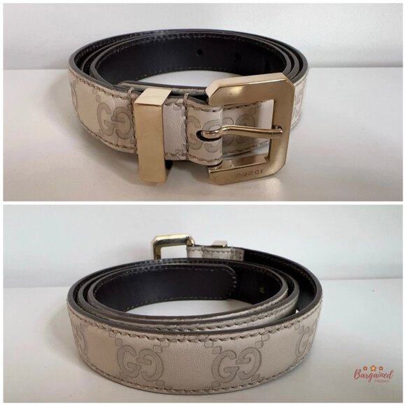 Authentic Gucci Cream Monogram Leather Gold Buckle Belt 85/34 - Picture 3 of 13
